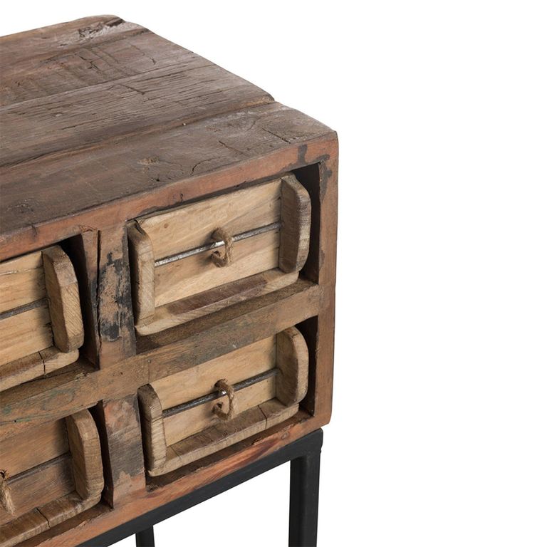 Rough Distressed Console Table - Multi Drawer - Brown and Black - Recycled Wood and Metal