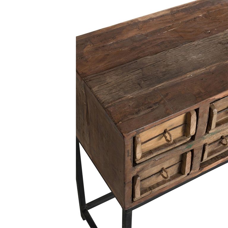 Rough Distressed Console Table - Multi Drawer - Brown and Black - Recycled Wood and Metal