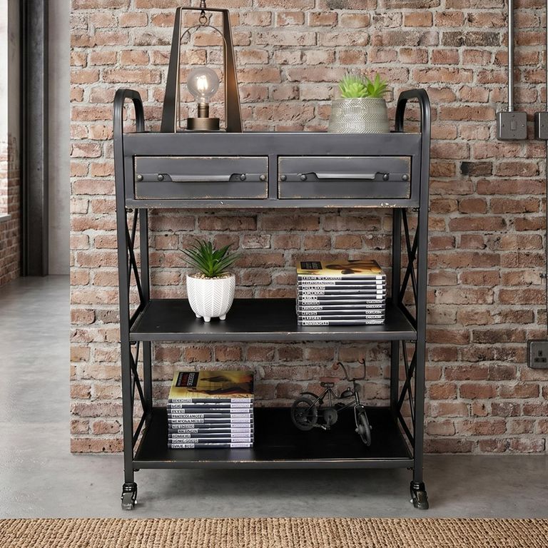 Black Distressed Metal and Wood Hall 2 Drawer Rectangle Table