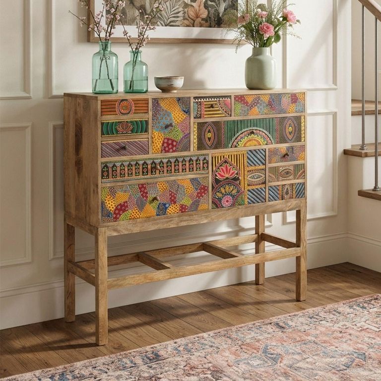 Holi Natural Mango Wood Hand Painted Multi Drawer Console Table