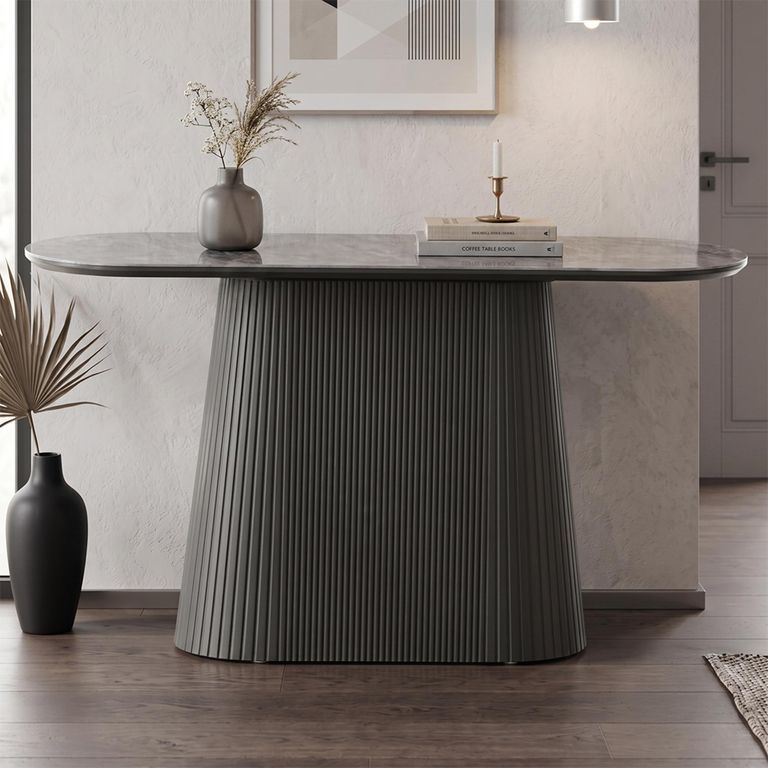 Barletta Console Table - Oval - Fluted Base - Dark Grey - Sintered Stone and Wood