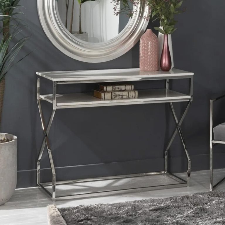 Clearance - Crossroad White Marble Top Rectangle Console Table with Chrome Frame