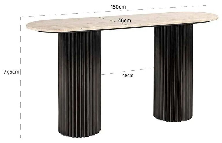 Hampton Travertine Beige Top Console Table with Black Fluted Base