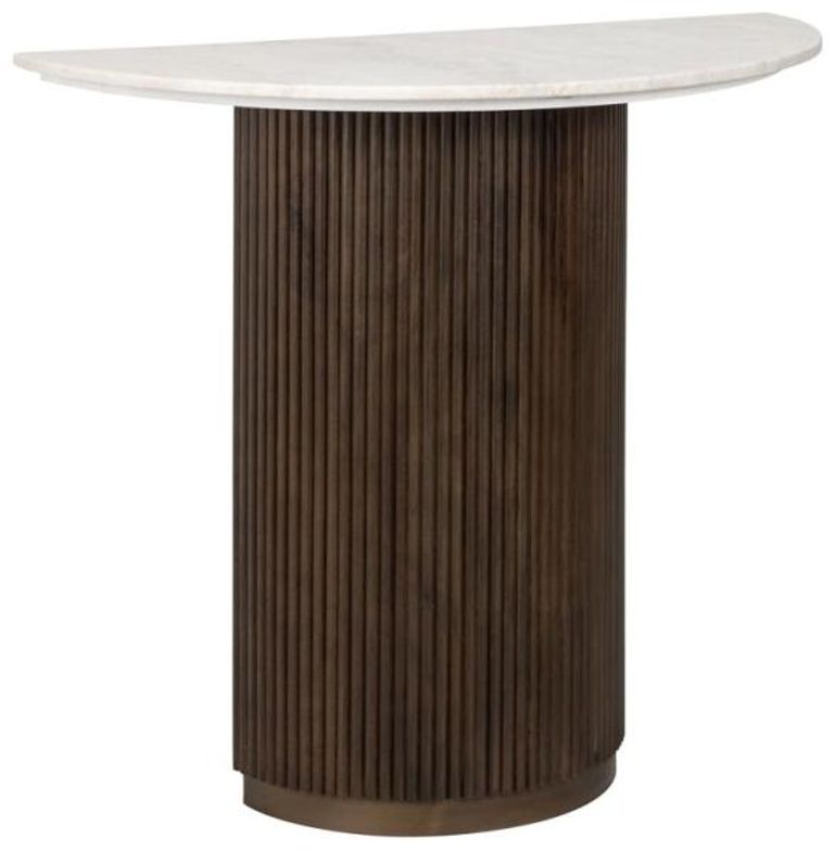Mayfield White Marble Top Half Moon Console Table - Dark Wood Fluted Base