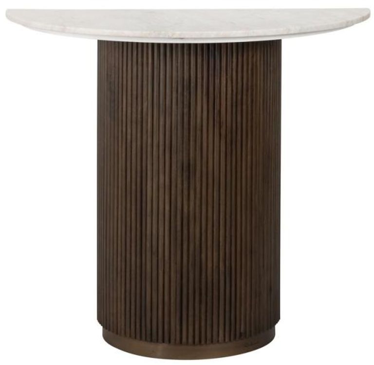 Mayfield White Marble Top Half Moon Console Table - Dark Wood Fluted Base