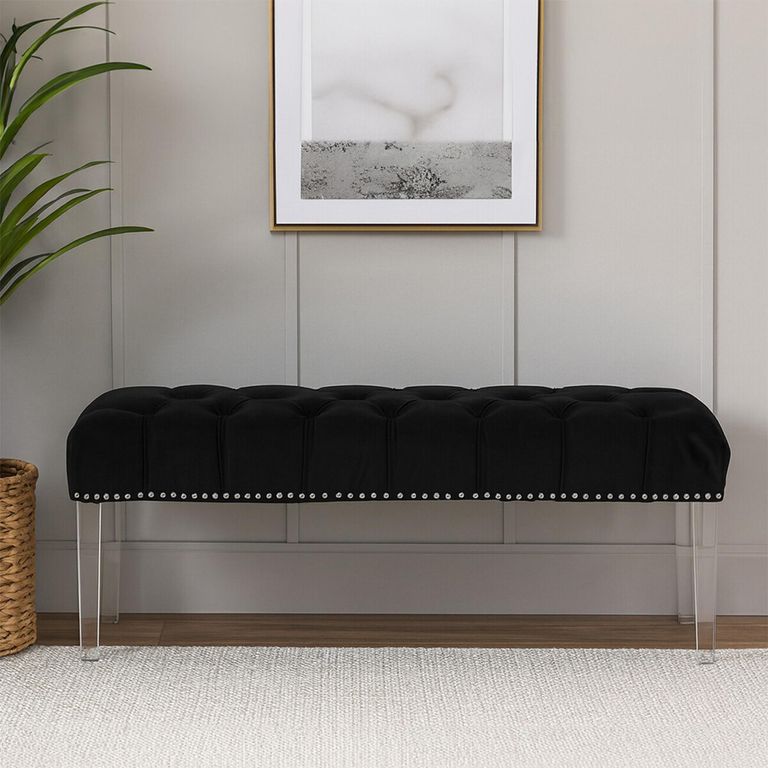 Clarence Bench - Black Velvet Fabric - with Button Tufted Design
