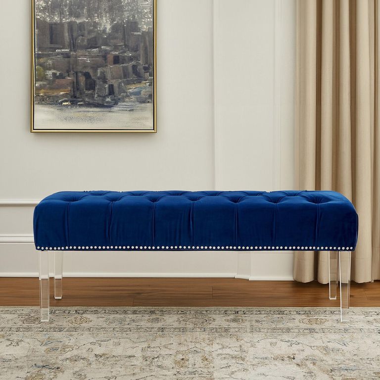 Clarence Bench - Blue Velvet Fabric - with Button Tufted Design