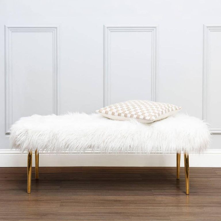 Clarence Bench - White Faux Fur with Gold Legs