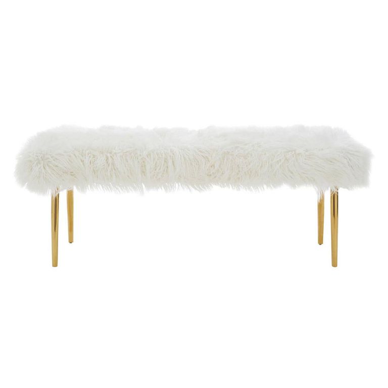 Clarence Bench - White Faux Fur with Gold Legs
