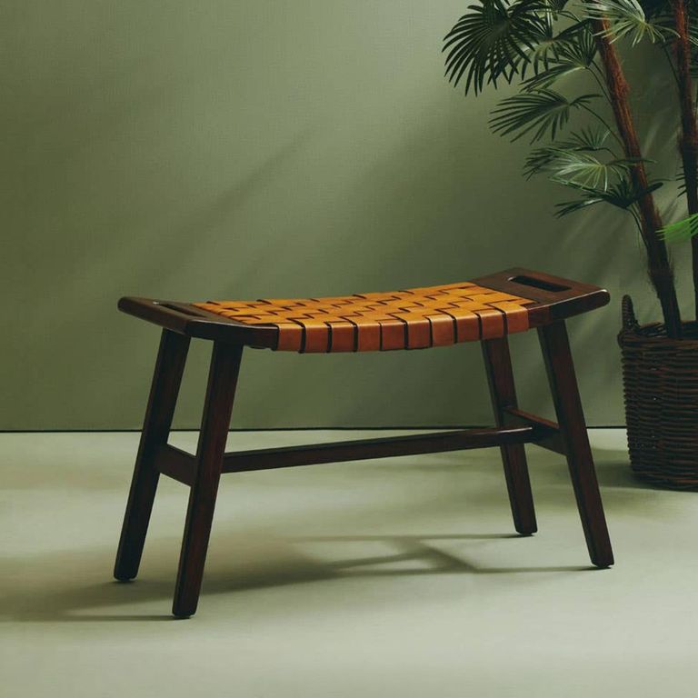 Inca Bench - Brown Leather with Teak Wood - Small Strapped