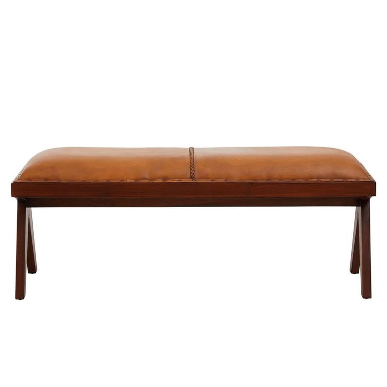 Inca Bench - Brown Leather with Teak Wood