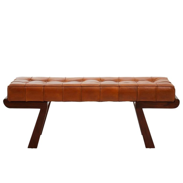 Inca Bench - Brown Leather with Teak Wood - Angular Legs