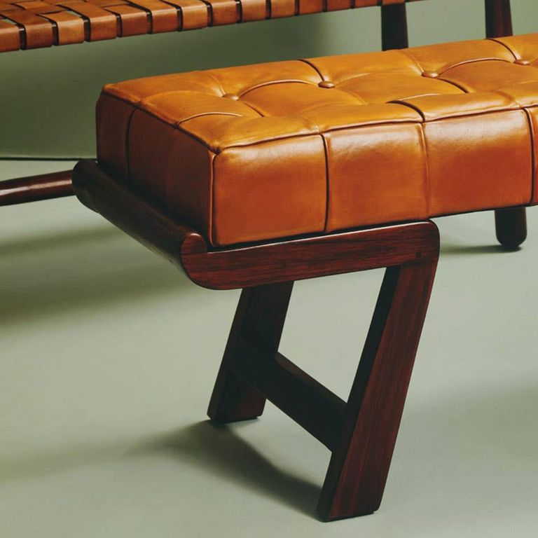 Inca Bench - Brown Leather with Teak Wood - Angular Legs