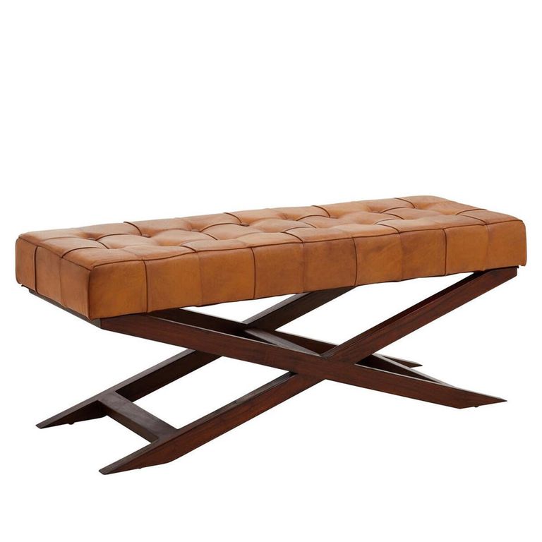 Inca Bench - Brown Leather with Teak Wood - Cross Legs