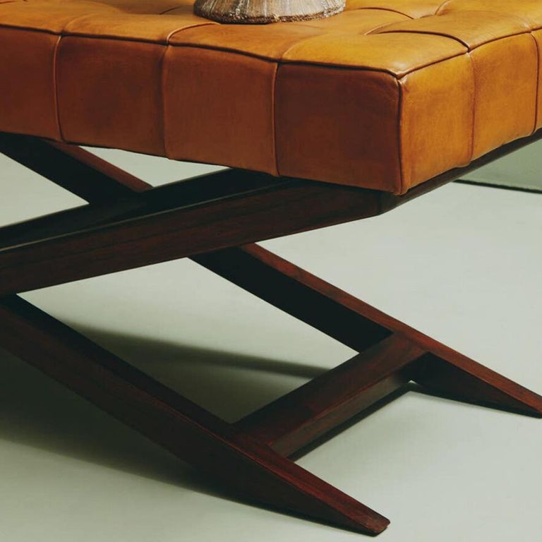 Inca Bench - Brown Leather with Teak Wood - Cross Legs
