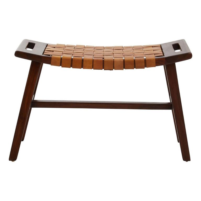 Inca Bench - Brown Leather with Teak Wood - Small Strapped