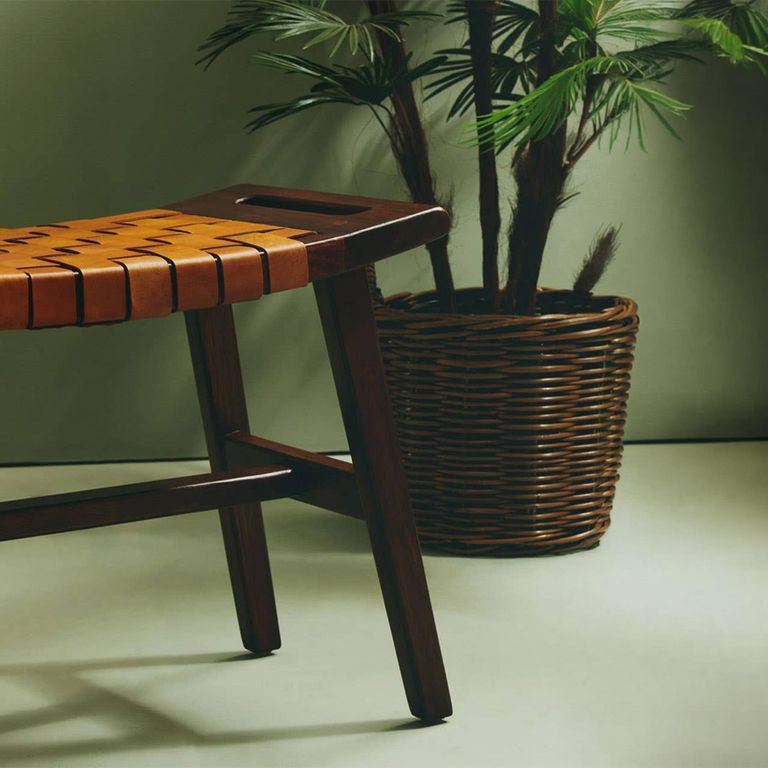 Inca Bench - Brown Leather with Teak Wood - Small Strapped