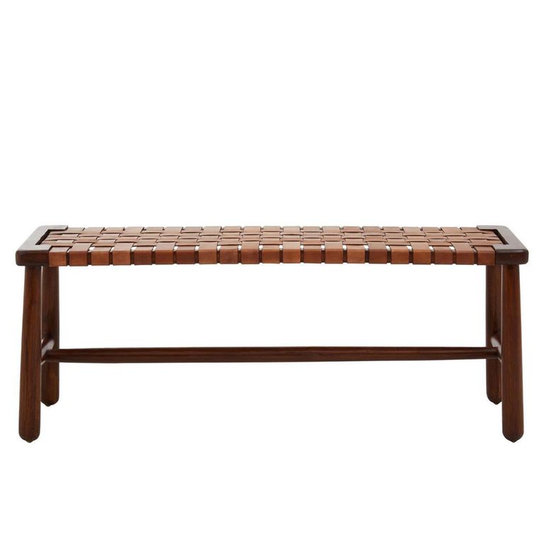 Inca Bench - Brown Leather with Teak Wood - Strapped