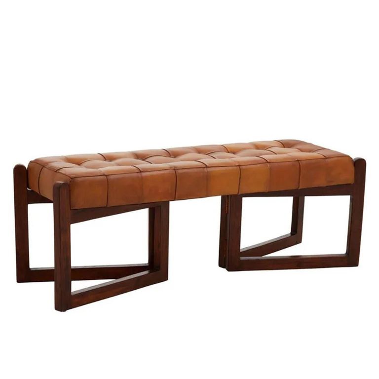 Inca Bench - Brown Leather with Teak Wood - Wooden Legs