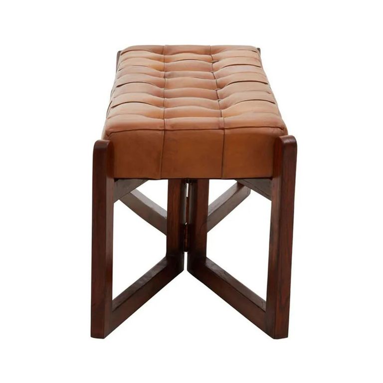 Inca Bench - Brown Leather with Teak Wood - Wooden Legs