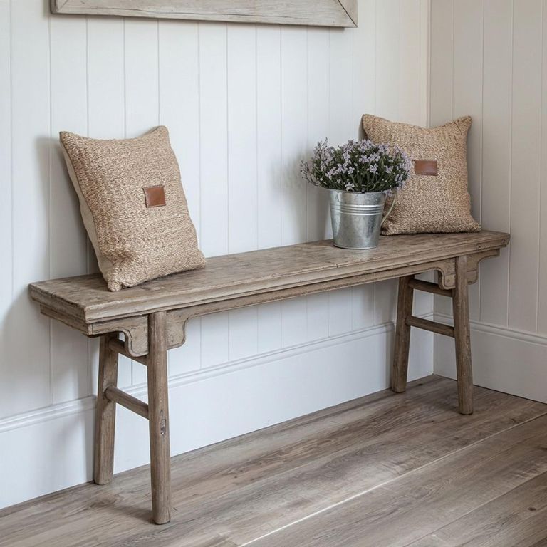 Unique One of a Kind - Distressed Bench - Trestle Legs - Natural - Elm Wood