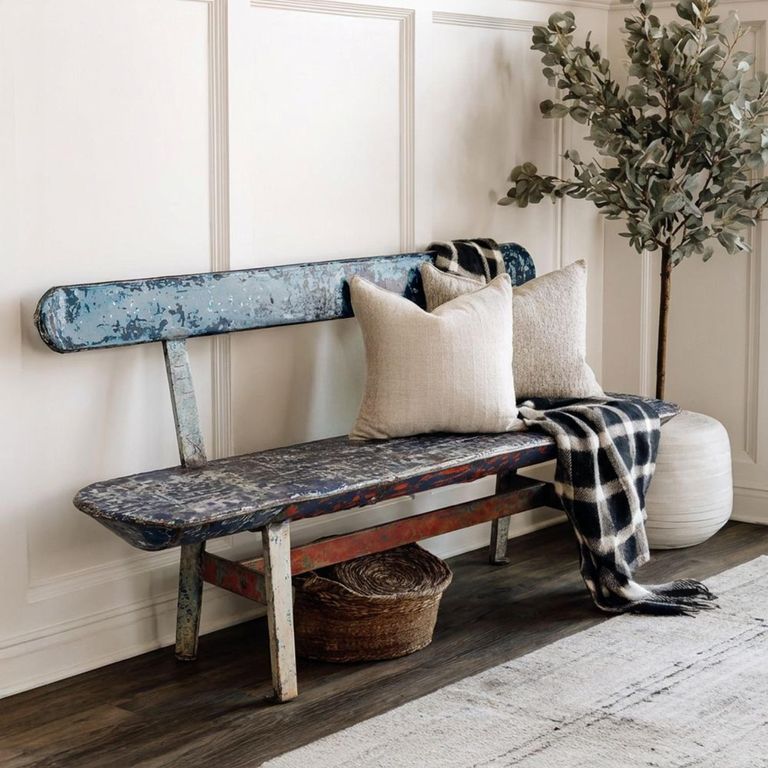 Unique One of a Kind - Distressed Bench - with Backrest - Multi Color - Metal