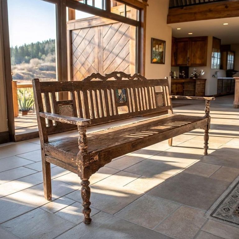 Unique One of a Kind - Distressed Bench - with Tiles Backrest - Turned Legs - Natural - Wooden
