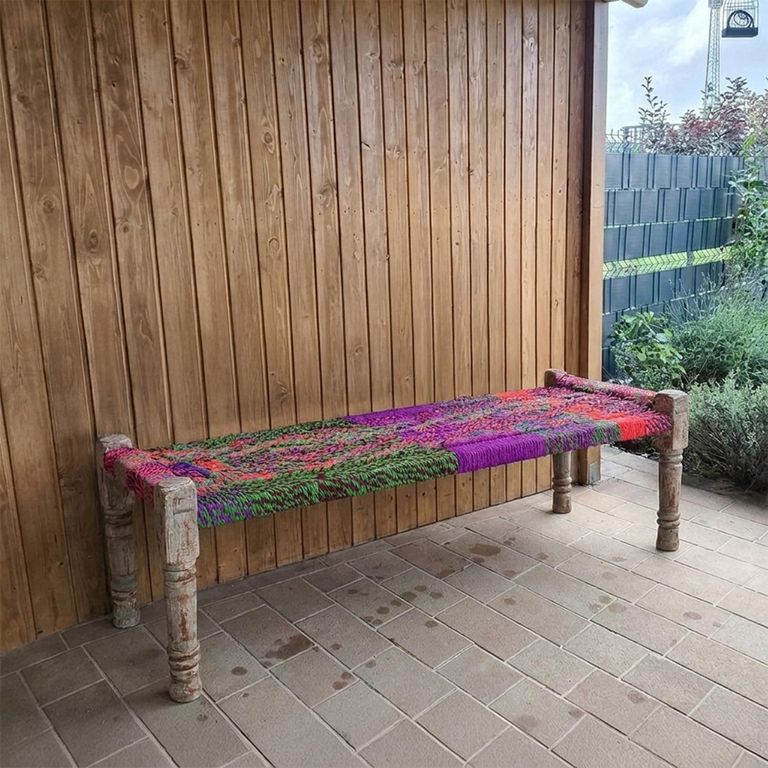 Distressed Charpai Bench - Handwoven - Netted Seat - Multi Color - Wooden