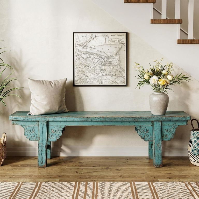 Unique One of a Kind - Distressed Hand Painted Bench - Carved Trestle Legs - Turquoise Blue - Elm Wood