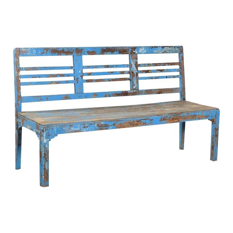 Unique One of a Kind - Distressed Bench - Slatted Backrest - Blue - Wooden