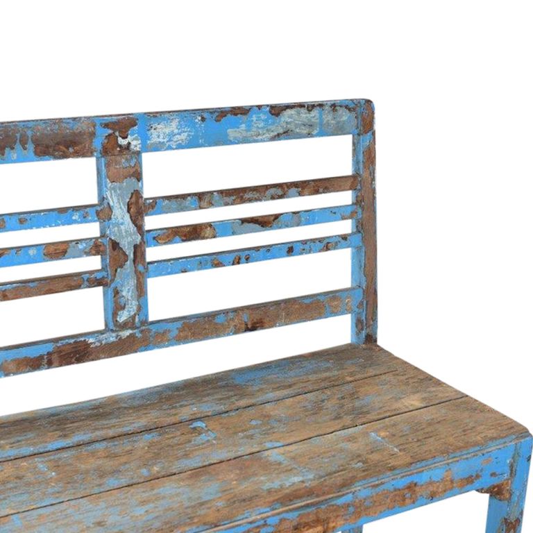 Unique One of a Kind - Distressed Bench - Slatted Backrest - Blue - Wooden
