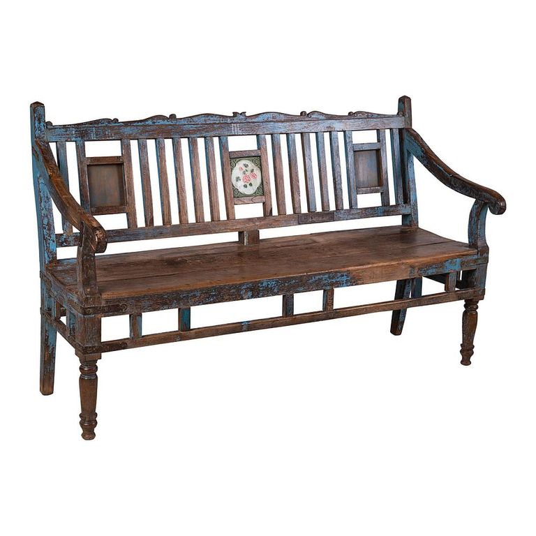 Unique One of a Kind - Distressed Bench - with Tiles Backrest - Blue - Wooden