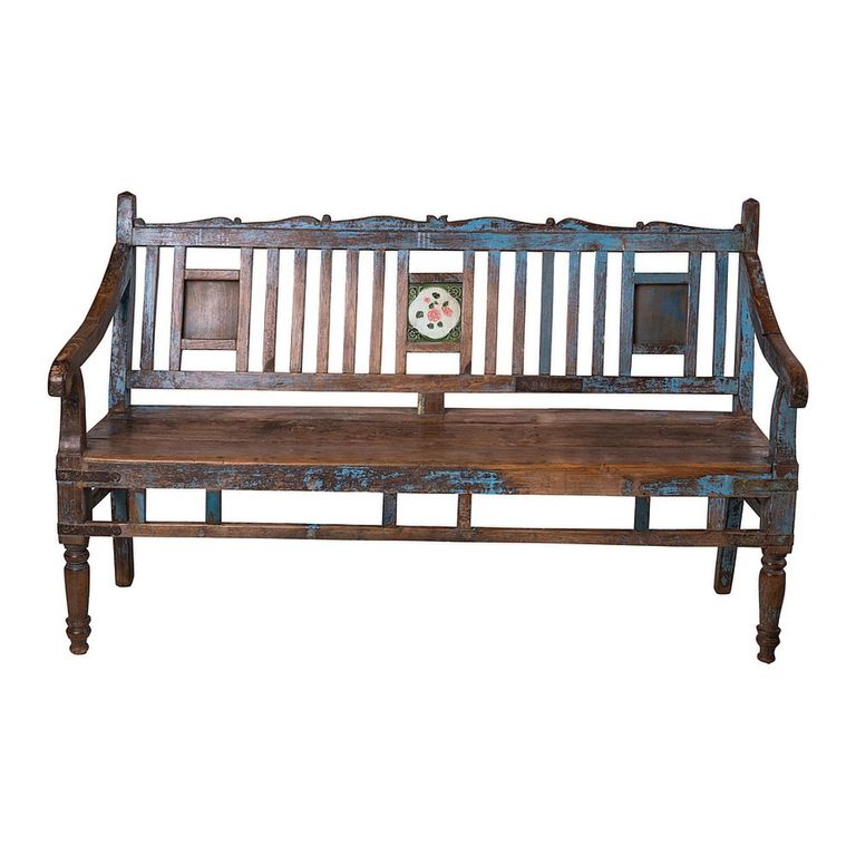 Unique One of a Kind - Distressed Bench - with Tiles Backrest - Blue - Wooden