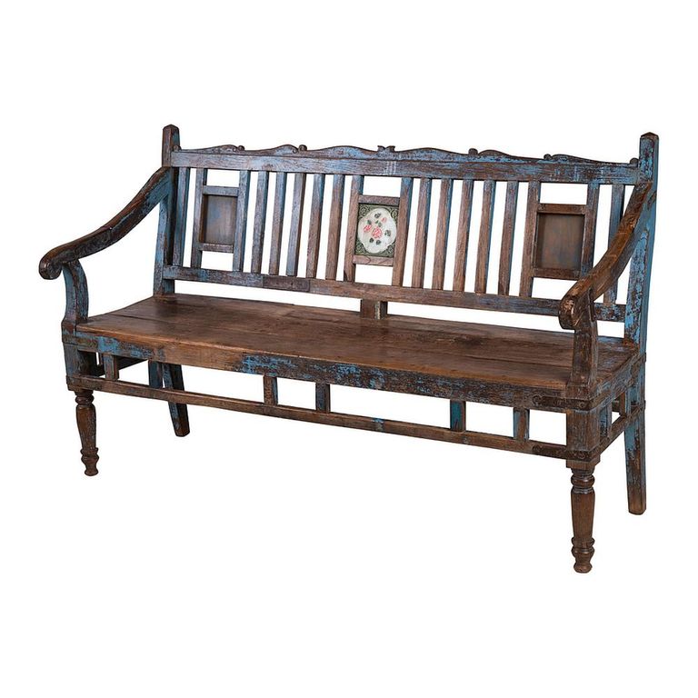 Unique One of a Kind - Distressed Bench - with Tiles Backrest - Blue - Wooden