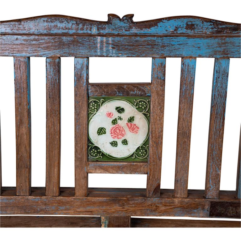 Unique One of a Kind - Distressed Bench - with Tiles Backrest - Blue - Wooden