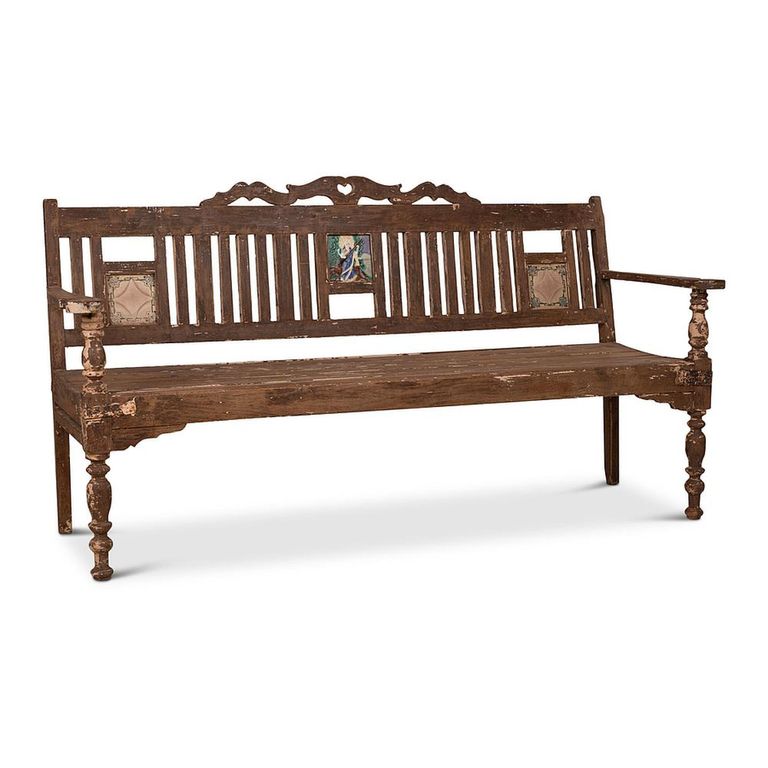 Unique One of a Kind - Distressed Bench - with Tiles Backrest - Turned Legs - Natural - Wooden