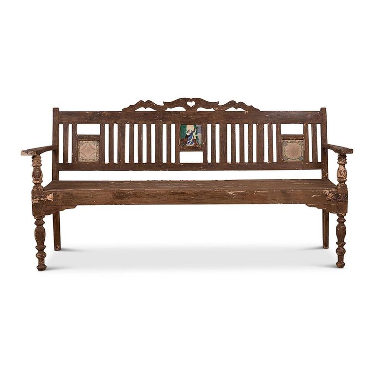 Unique One of a Kind - Distressed Bench - with Tiles Backrest - Turned Legs - Natural - Wooden