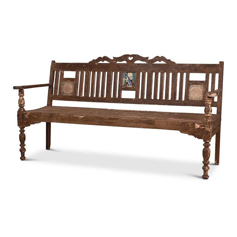Unique One of a Kind - Distressed Bench - with Tiles Backrest - Turned Legs - Natural - Wooden