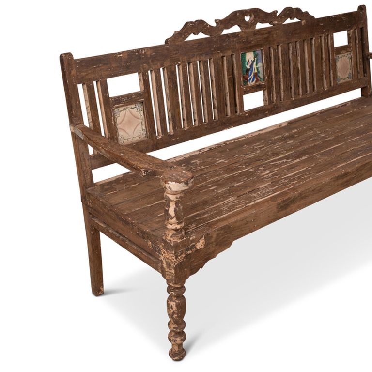 Unique One of a Kind - Distressed Bench - with Tiles Backrest - Turned Legs - Natural - Wooden