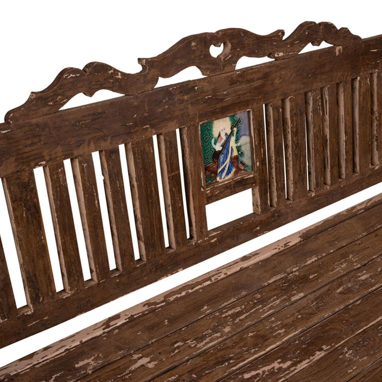 Unique One of a Kind - Distressed Bench - with Tiles Backrest - Turned Legs - Natural - Wooden