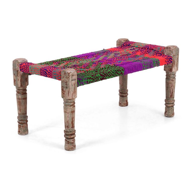 Distressed Charpai Bench - Handwoven - Netted Seat - Multi Color - Wooden