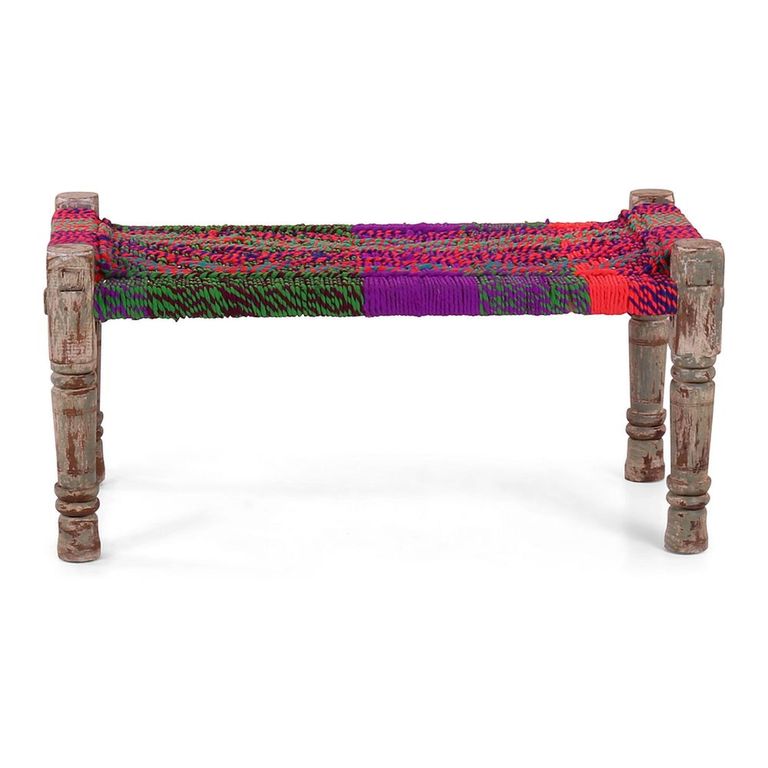 Distressed Charpai Bench - Handwoven - Netted Seat - Multi Color - Wooden