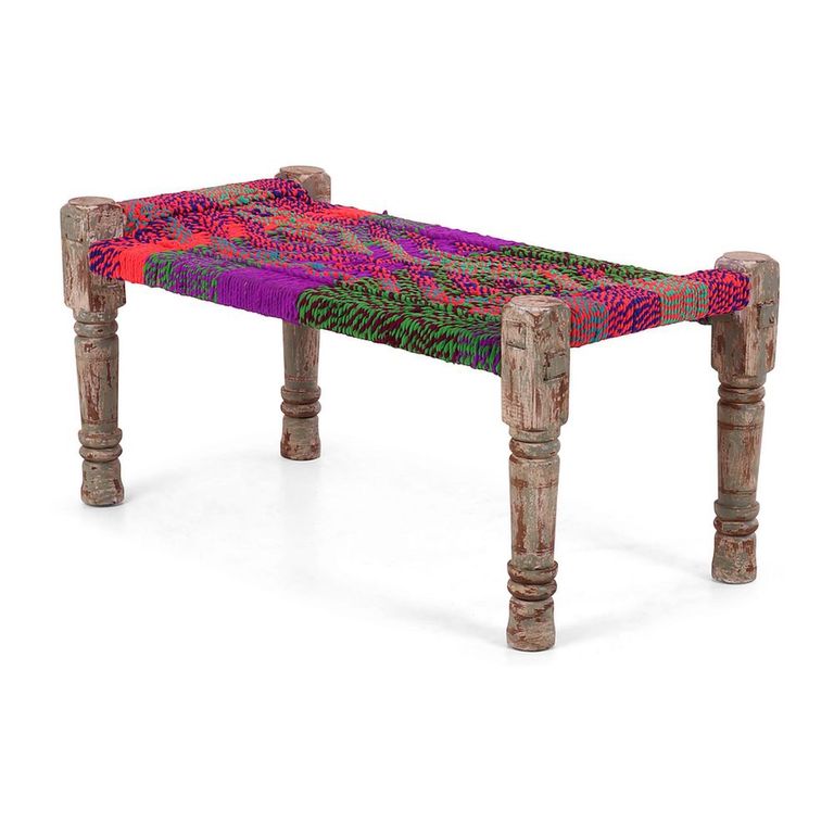 Distressed Charpai Bench - Handwoven - Netted Seat - Multi Color - Wooden