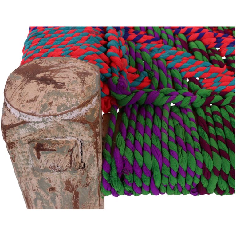 Distressed Charpai Bench - Handwoven - Netted Seat - Multi Color - Wooden