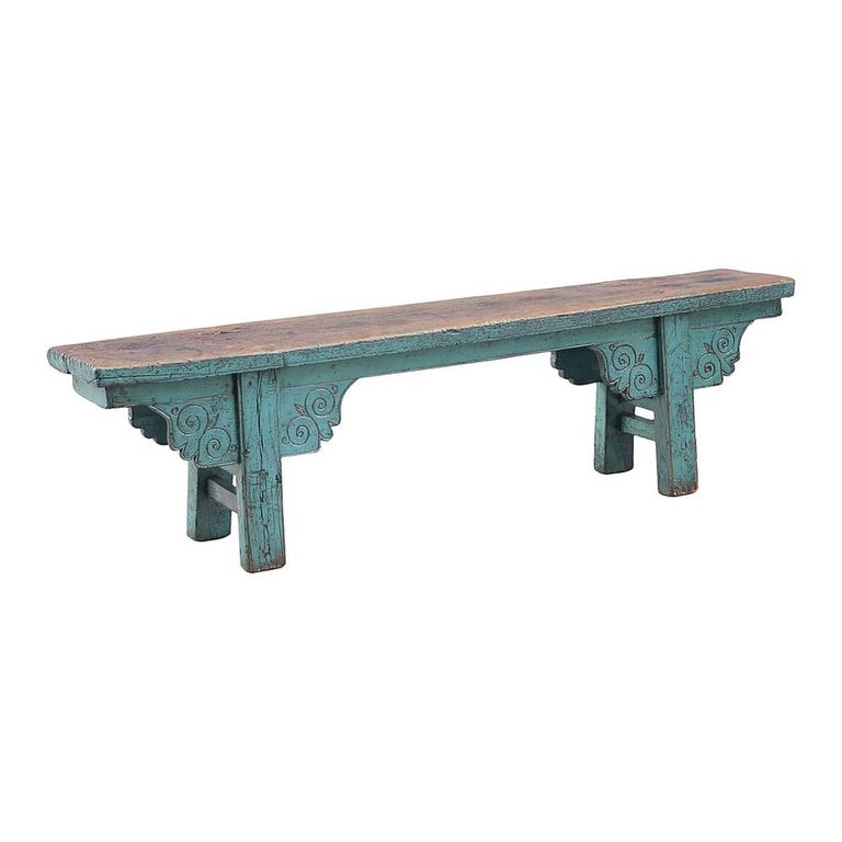 Unique One of a Kind - Distressed Hand Painted Bench - Carved Trestle Legs - Turquoise Blue - Elm Wood