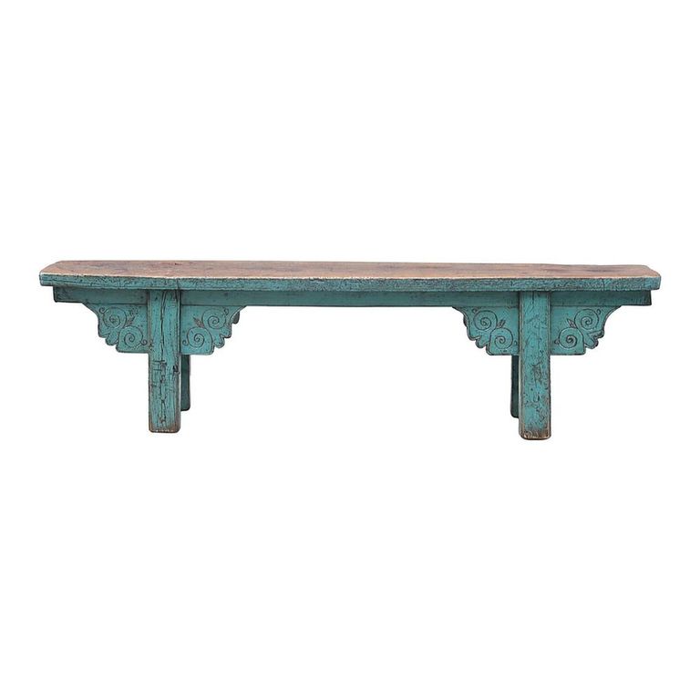 Unique One of a Kind - Distressed Hand Painted Bench - Carved Trestle Legs - Turquoise Blue - Elm Wood
