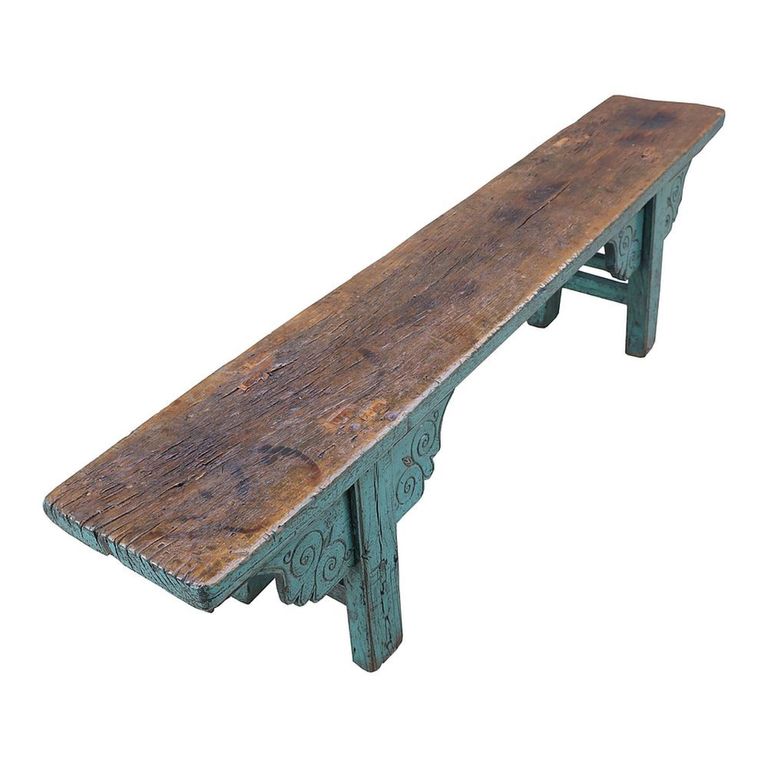 Unique One of a Kind - Distressed Hand Painted Bench - Carved Trestle Legs - Turquoise Blue - Elm Wood