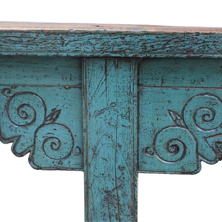 Unique One of a Kind - Distressed Hand Painted Bench - Carved Trestle Legs - Turquoise Blue - Elm Wood