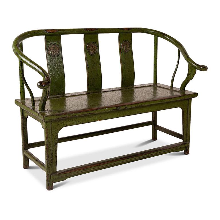 Unique One of a Kind - Distressed Loveseat Bench - Green - Lacquered Pine Wood