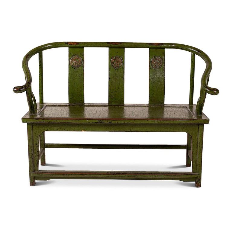 Unique One of a Kind - Distressed Loveseat Bench - Green - Lacquered Pine Wood